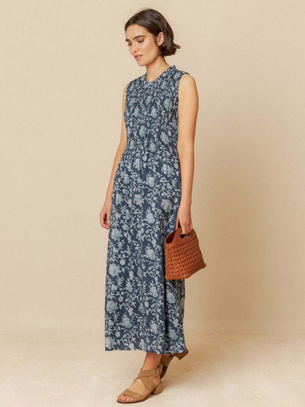 Indi & Cold Smocked Dress Size S Maxi Indigo Organic Cotton Boho Prairie Natural